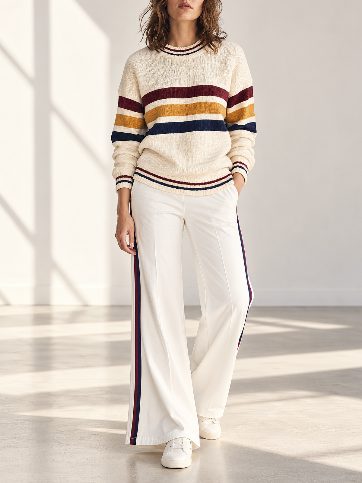 Cream Multi-stripe Knit Sweater And White Side-stripe Wide-leg Pants Set