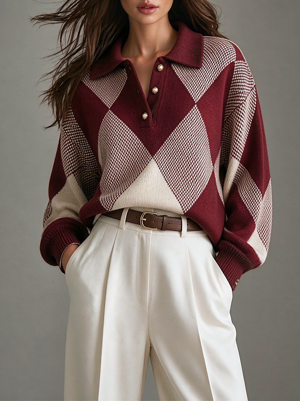 Brown Polo Collar Argyle Jacquard Half Button Long-Sleeve Loose-Fit Knit Sweater