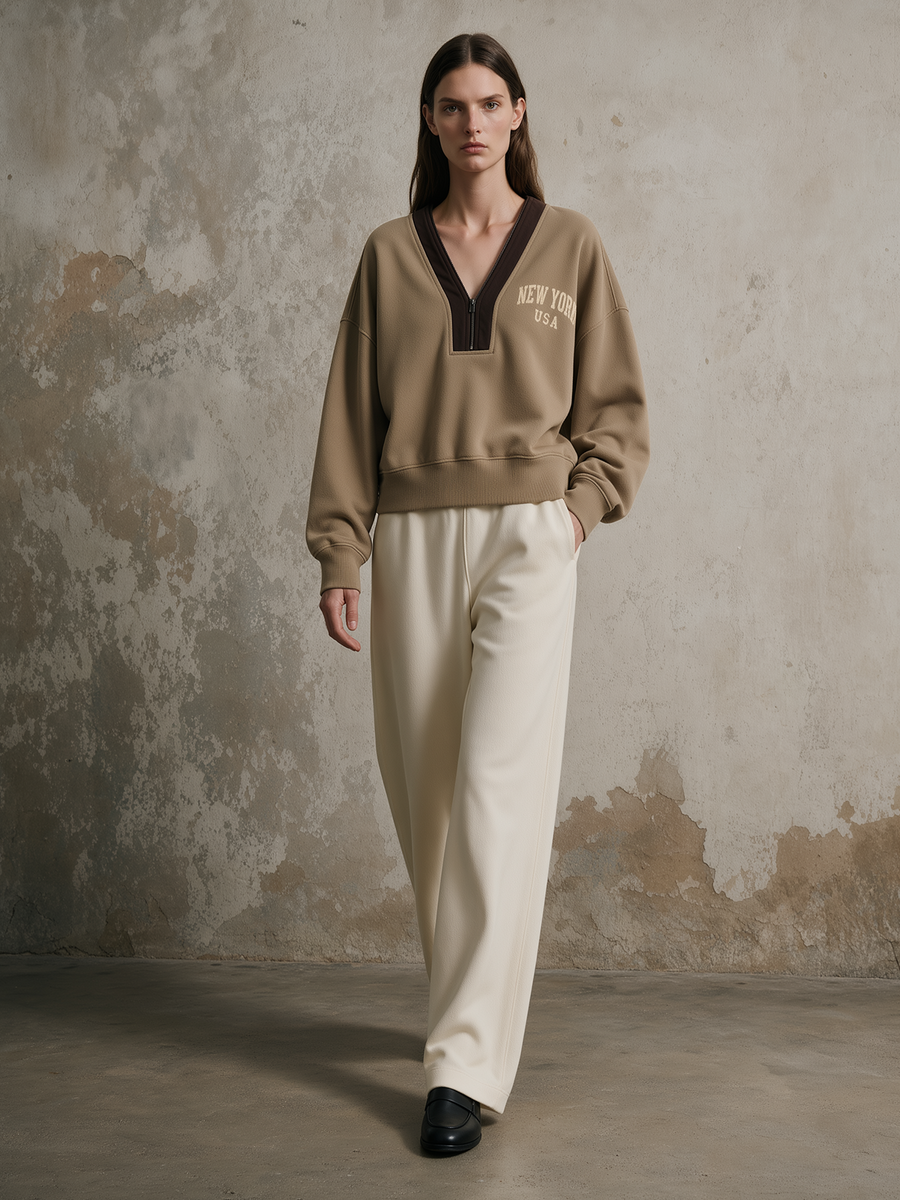 Taupe Varsity Half-Zip Crop Sweatshirt & Wide-Leg Sweatpants Set