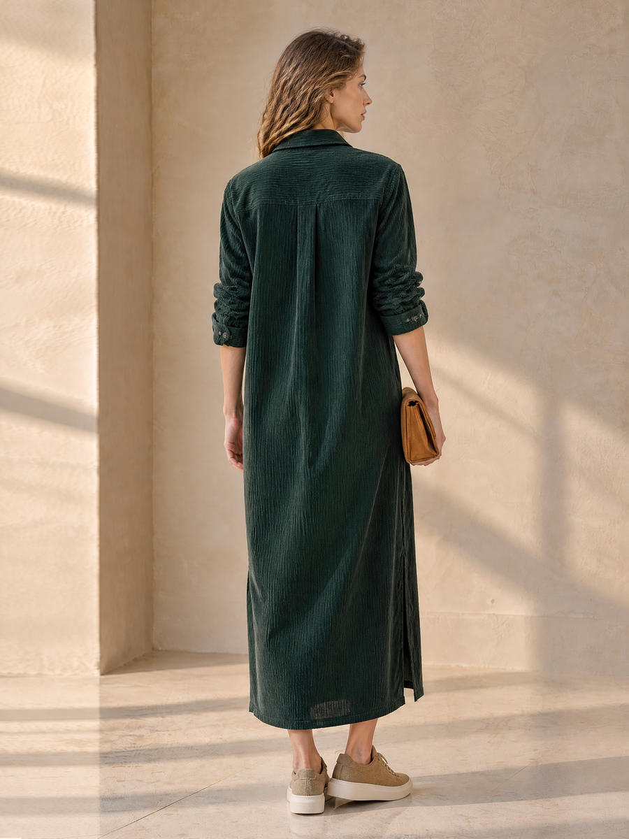 Dark Green Corduroy Long Sleeve Button-Up Maxi Shirt Dress