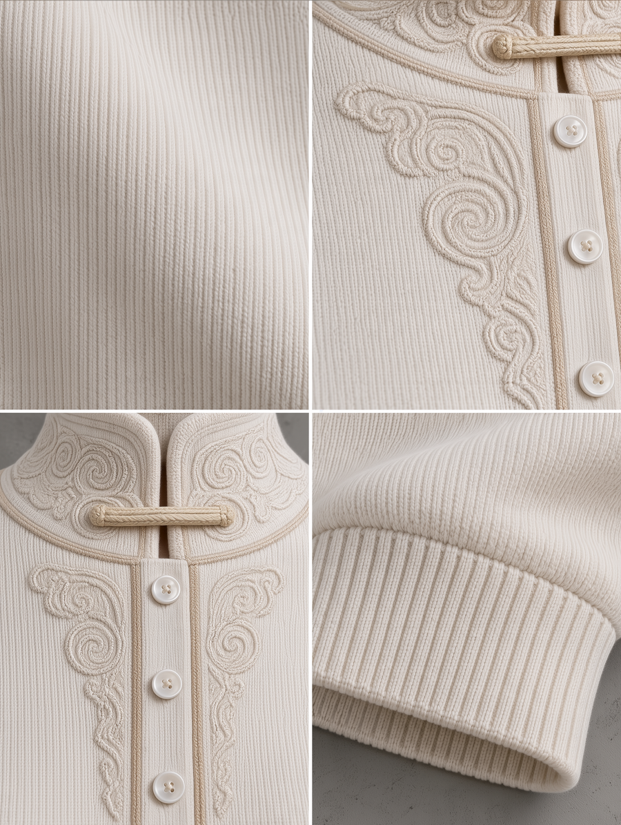 Ivory Embroidered Mock Neck Half-Button Knit Sweater