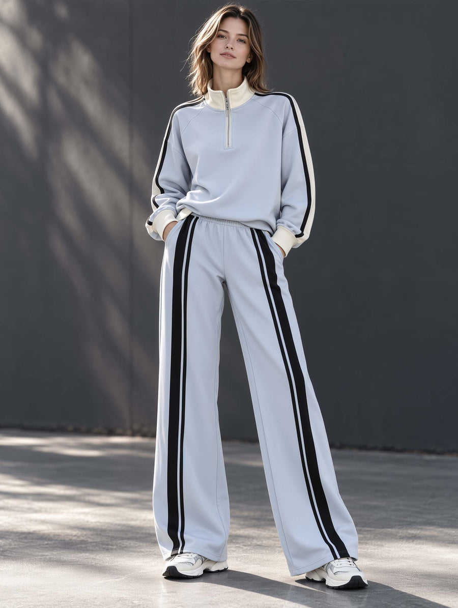 Light Blue Color-Block Long-Sleeve Half-Zip Top And Pants Fashion Set