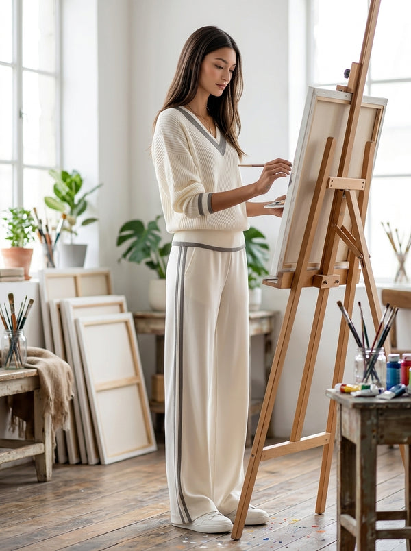 Off-white lightweight sweater and wide-leg trousers set