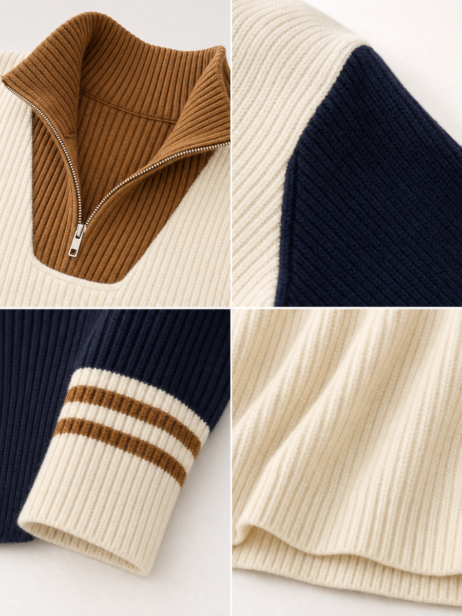 Beige Color-block Long-sleeve Half-zip Sweater And Khaki Trousers Set