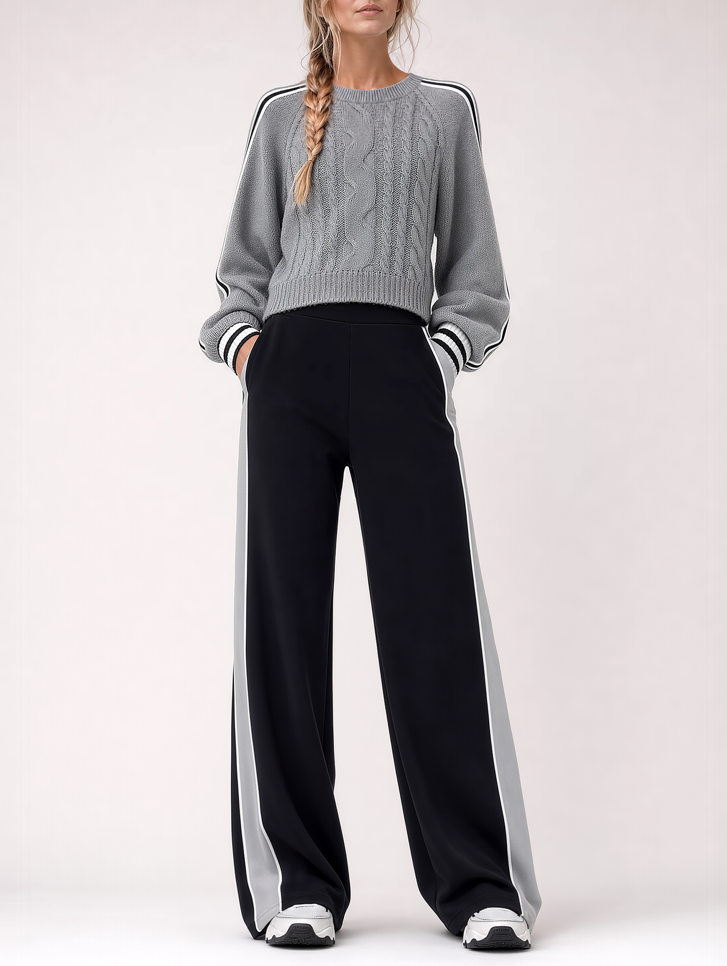 Grey Cable-knit Sweater And Striped Wide-leg Trousers Set