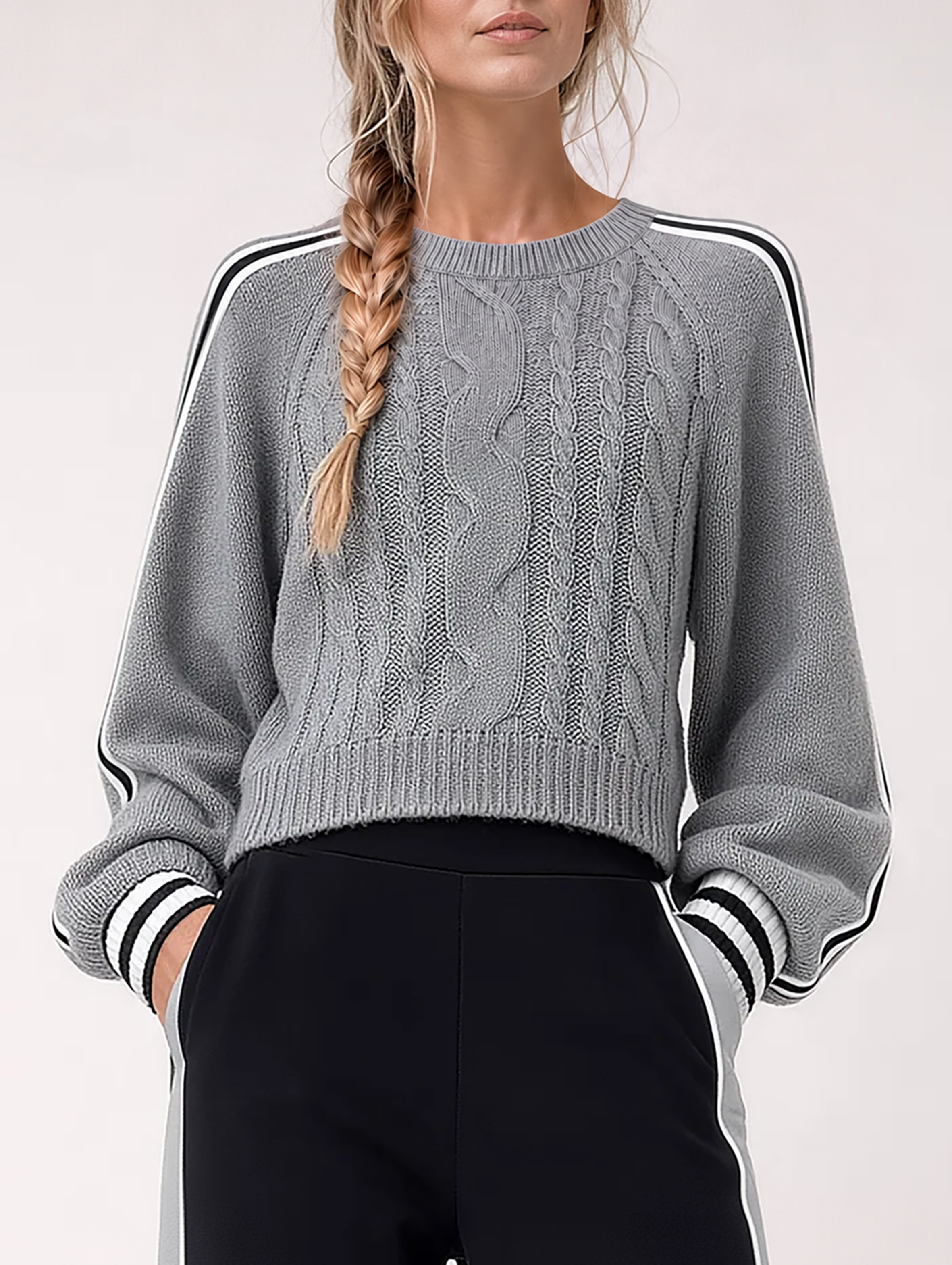 Retro Cropped Cable-knit Sweater With Color-blocking