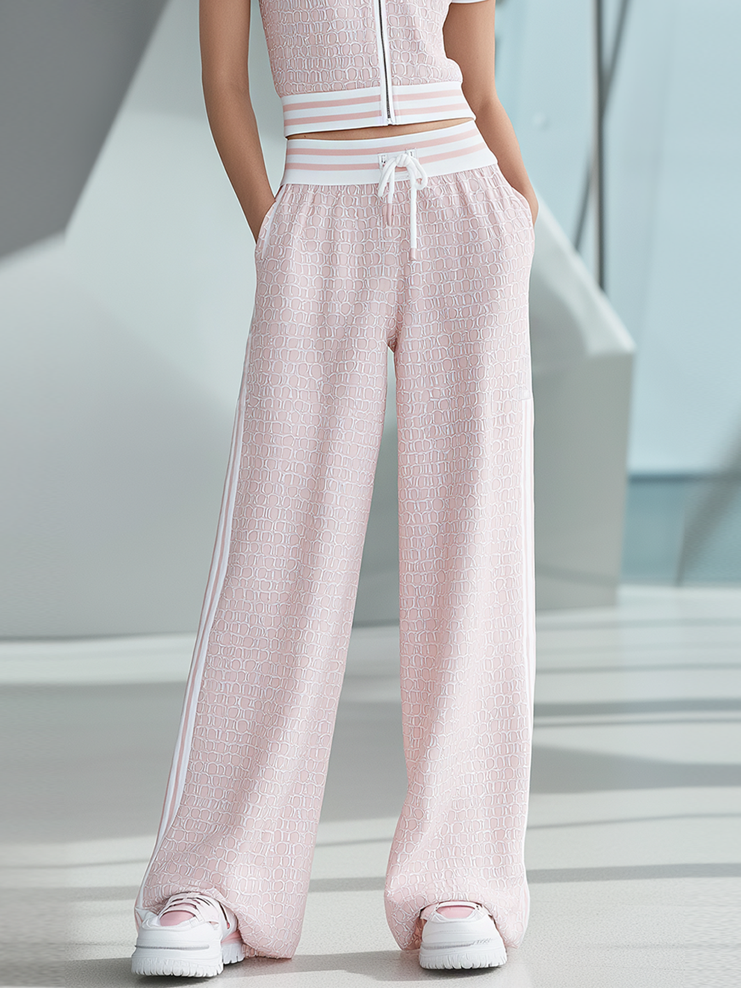 Women's Fashionable Casual Pink Textured Color-block Drawstring Wide-leg Pants