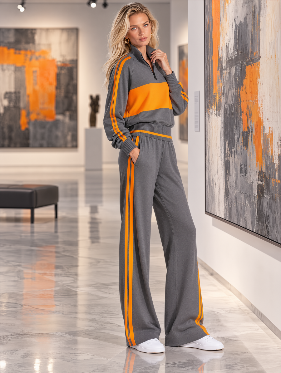 Grey Orange Colorblock Half-Zip Top And Side Stripe Wide Leg Pants Set
