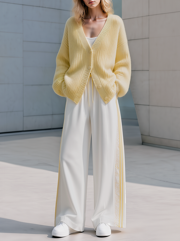 Pale Yellow V-neck Knit Cardigan And Trousers Set Featuring Side Lace Stripe Paneling