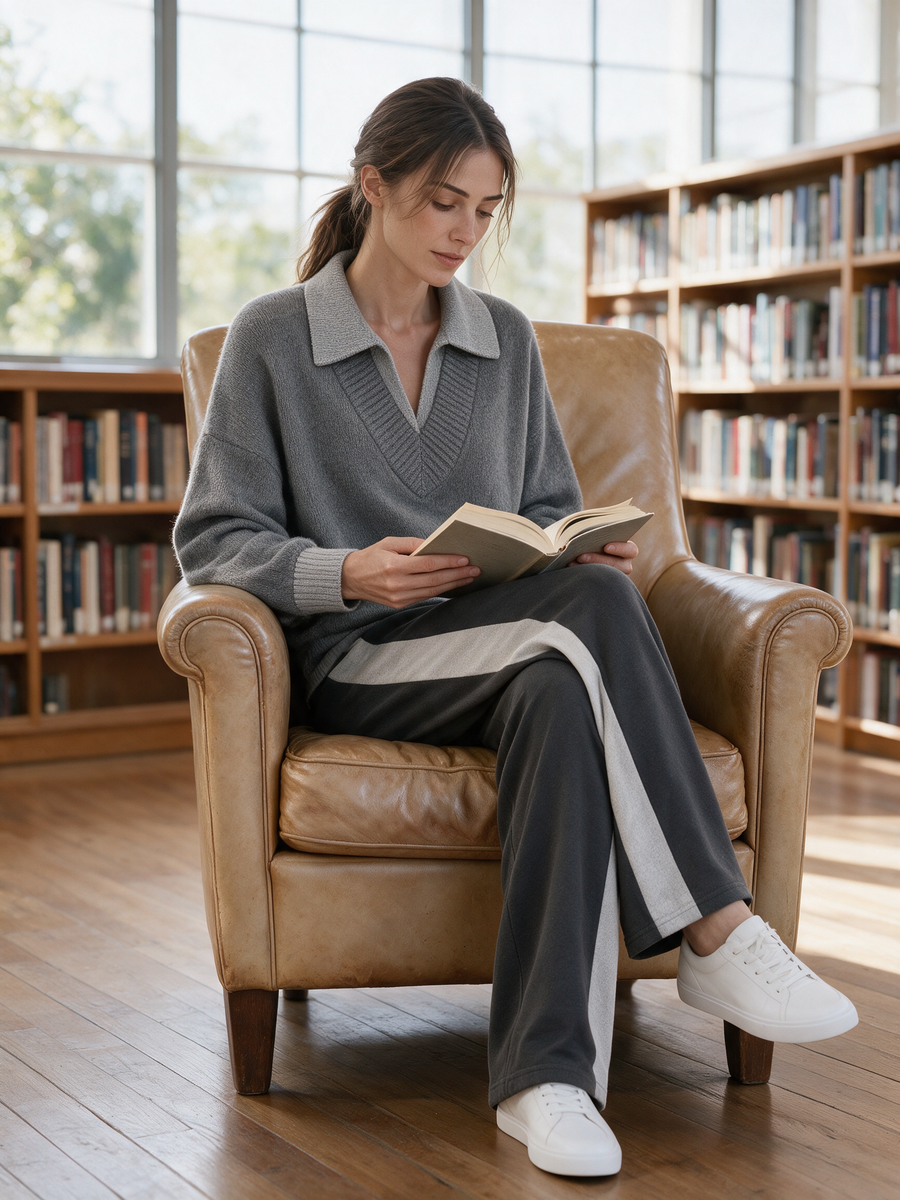 Grey-toned Fashion Set Featuring A Collared Long-sleeve Sweater And Wide-leg Trousers