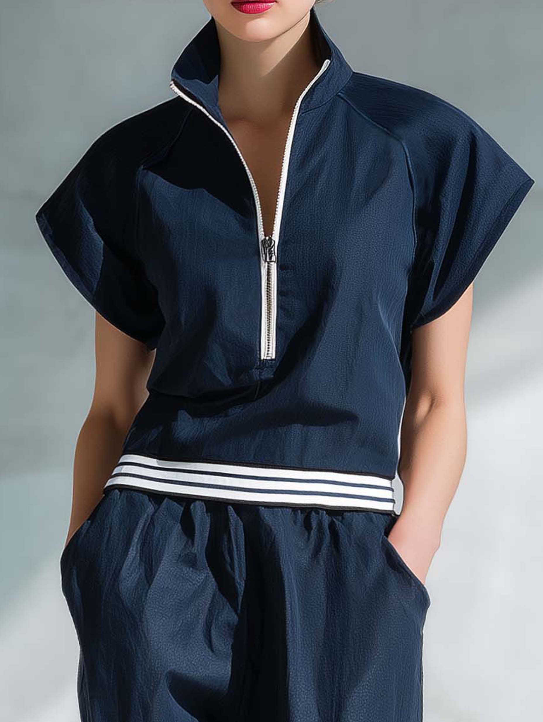 Women's Stylish Casual Dark Blue Short-sleeved Top