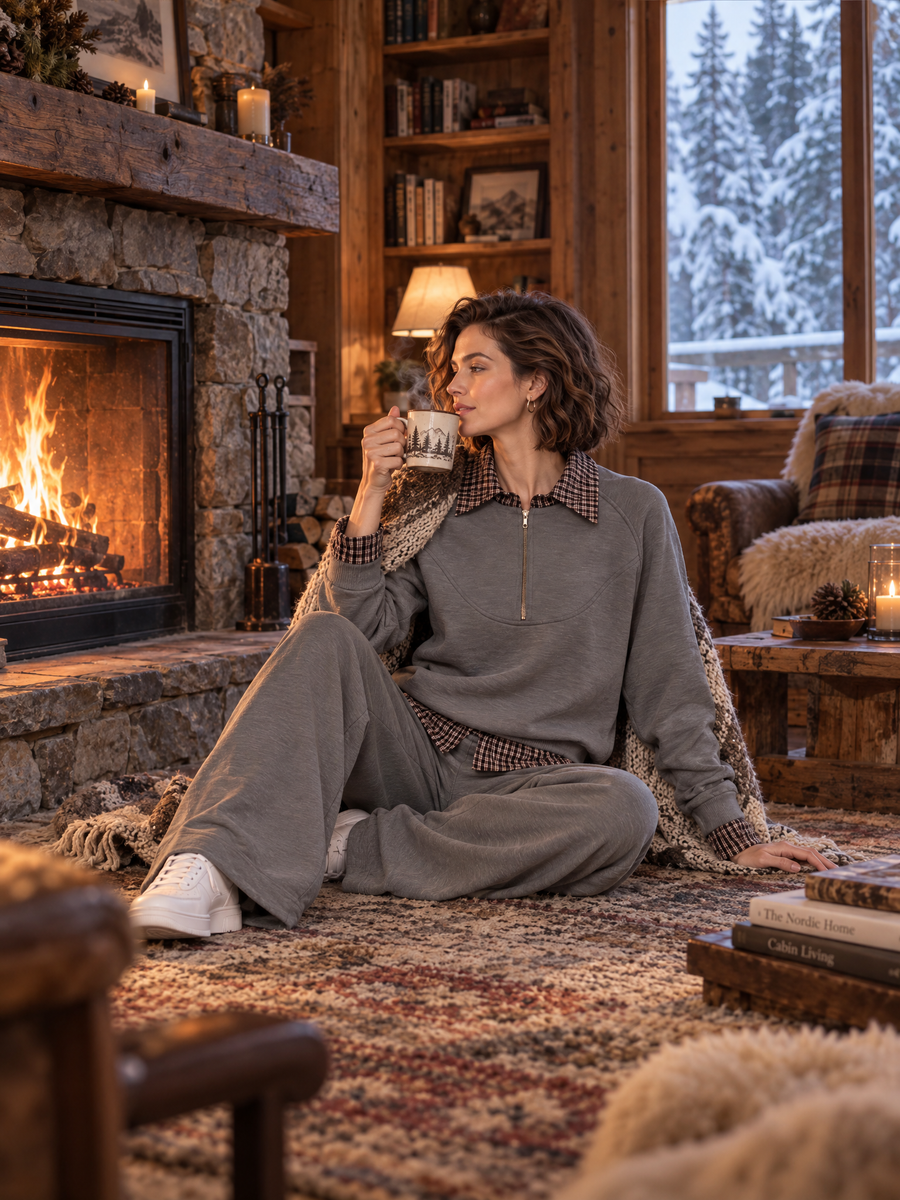 Stylish Grey Long-sleeved Top And Trousers Set Featuring A Mock-layered Design And Half-zip Collar