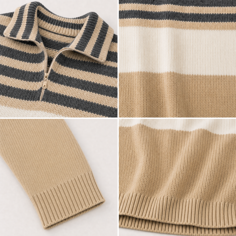 Stylish Casual Khaki Striped Color-Block Long-Sleeve Sweater And Pants Set With Half-Zip Collar
