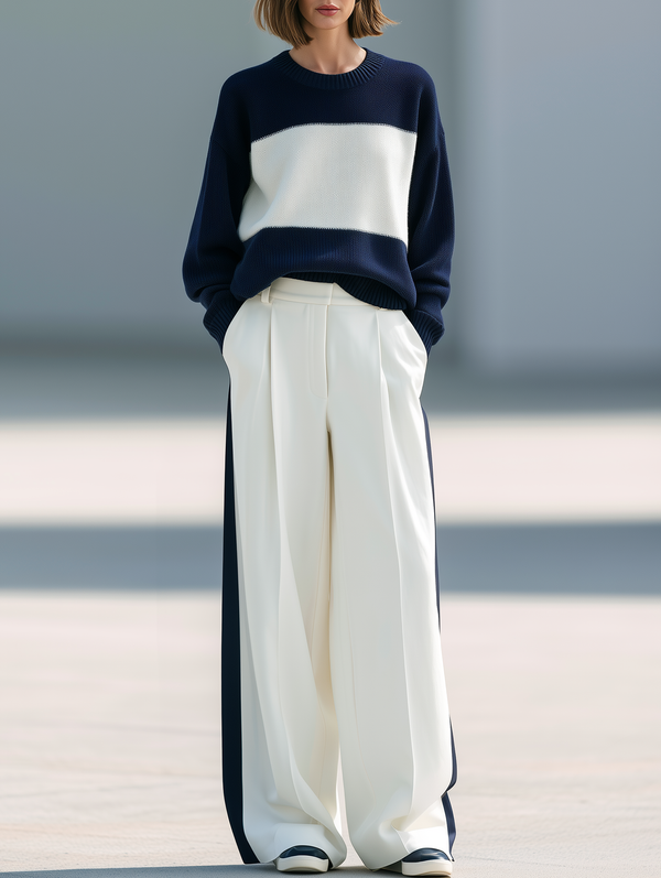 Navy And White Color-block Sweater And Wide-leg Tailored Trousers Set