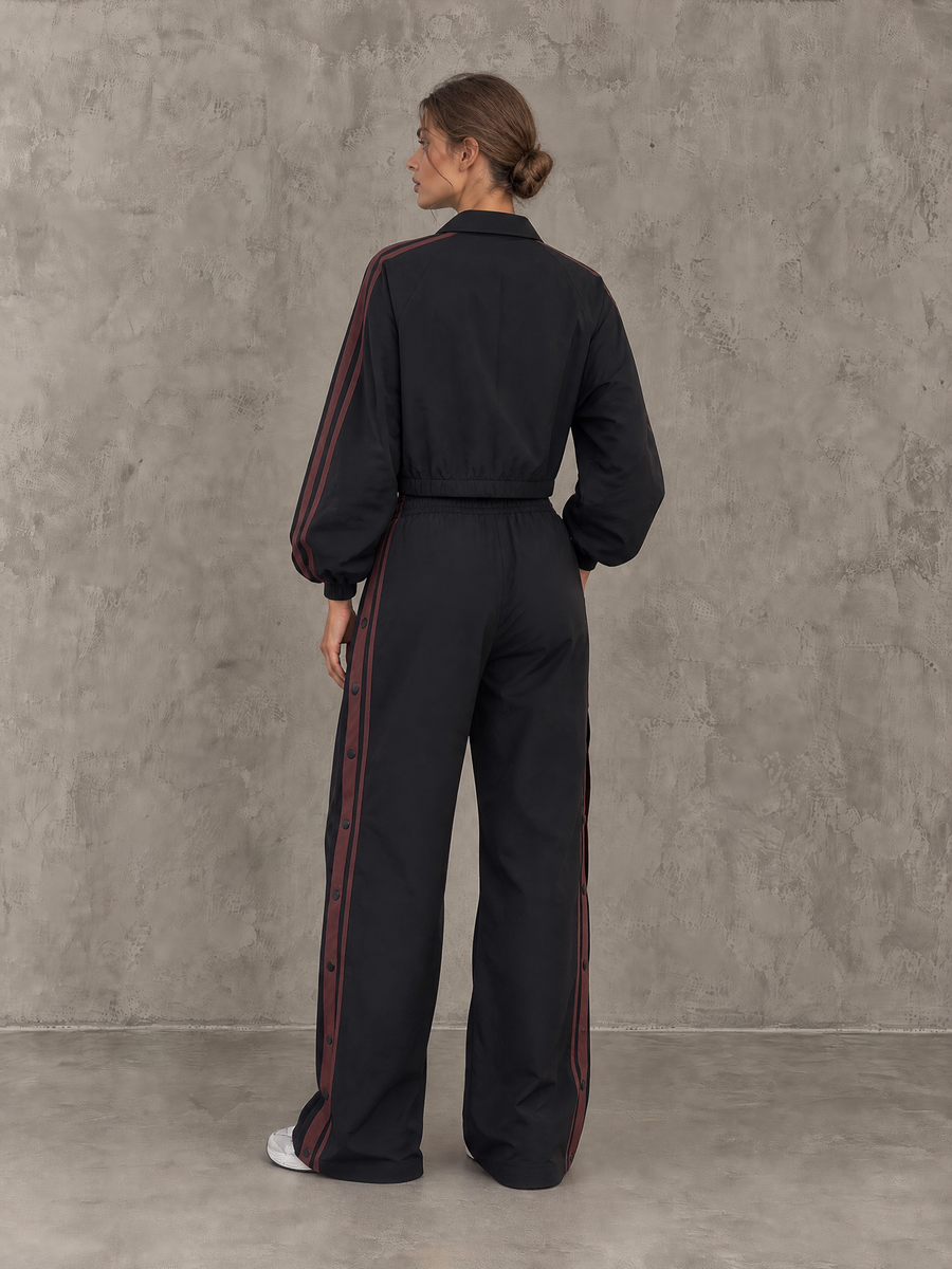 Black Contrast-Stripe Windbreaker And Snap-Side Wide-Leg Track Pants Set