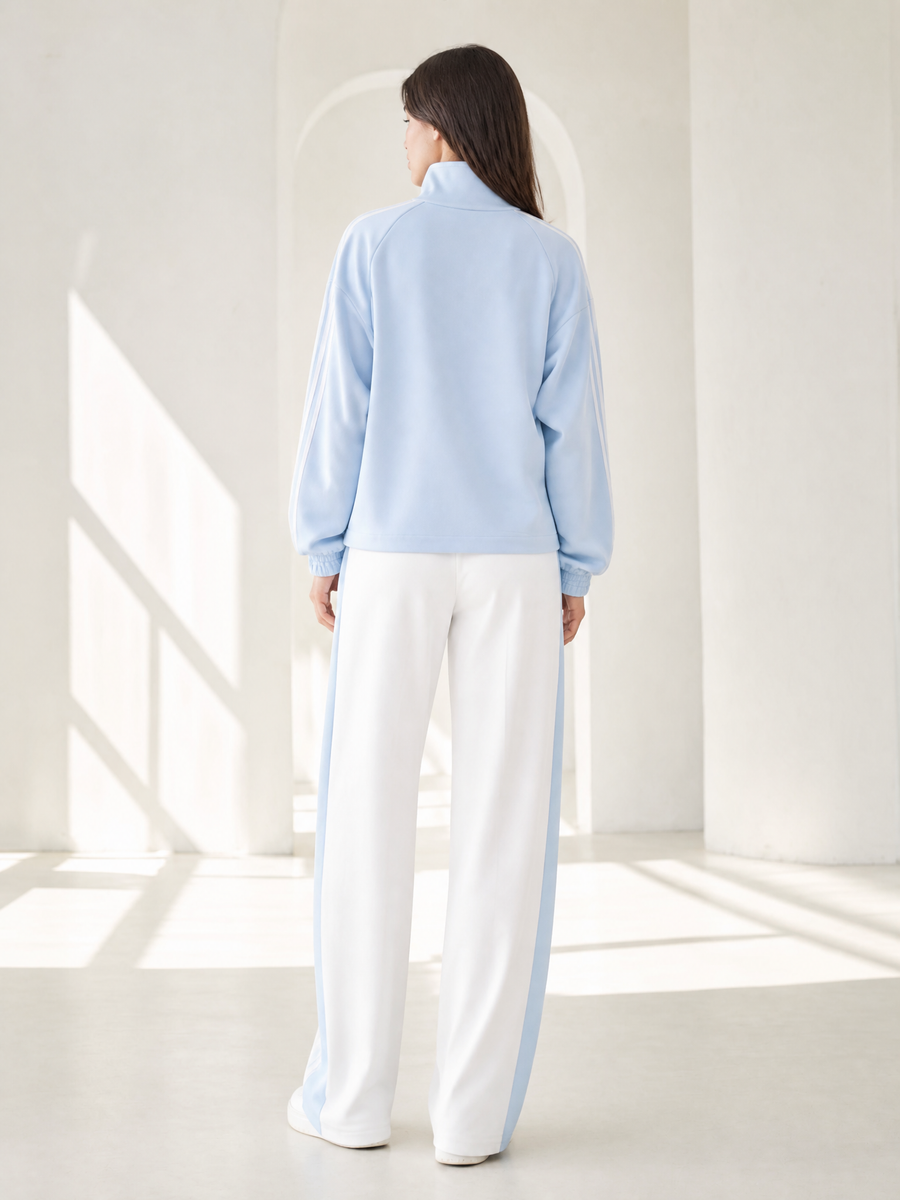 Stylish Light Blue Mandarin-collar Top With Decorative Buttons And White Trousers Set