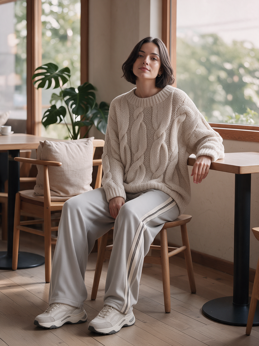 Cream Cable Knit Sweater & Grey Side Stripe Wide-Leg Pants Set