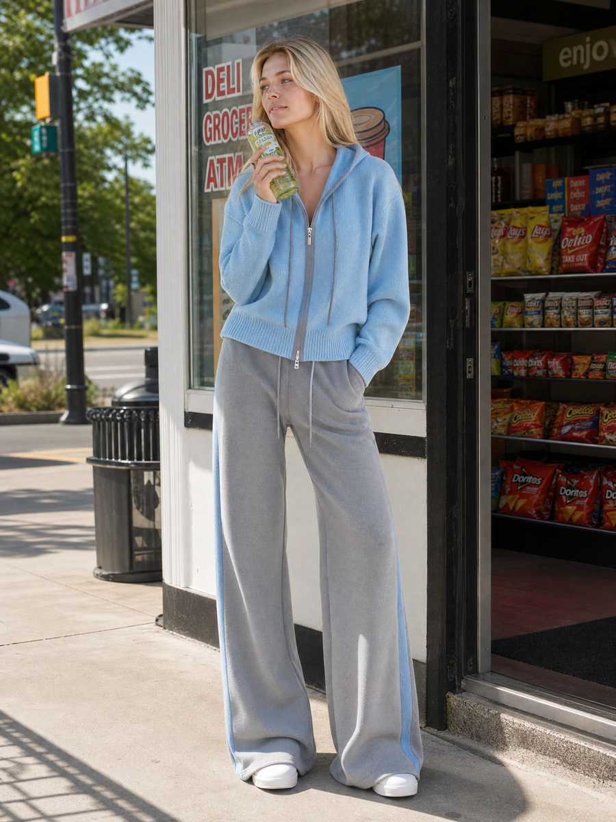 Blue Hooded Full-zip Long-sleeve Sweater And Grey Color-block Wide-leg Pants Set