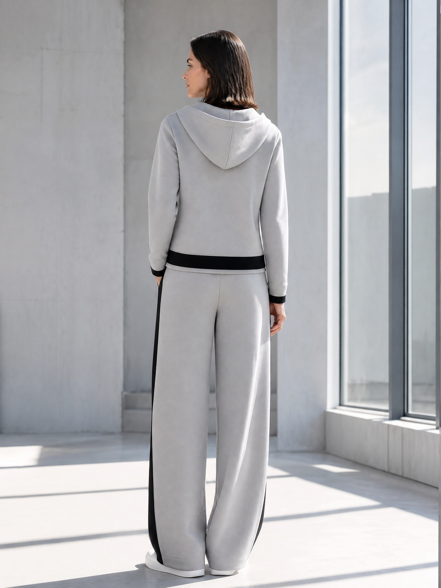 Gray Color-block Hooded Jacket And Wide-leg Trousers Set