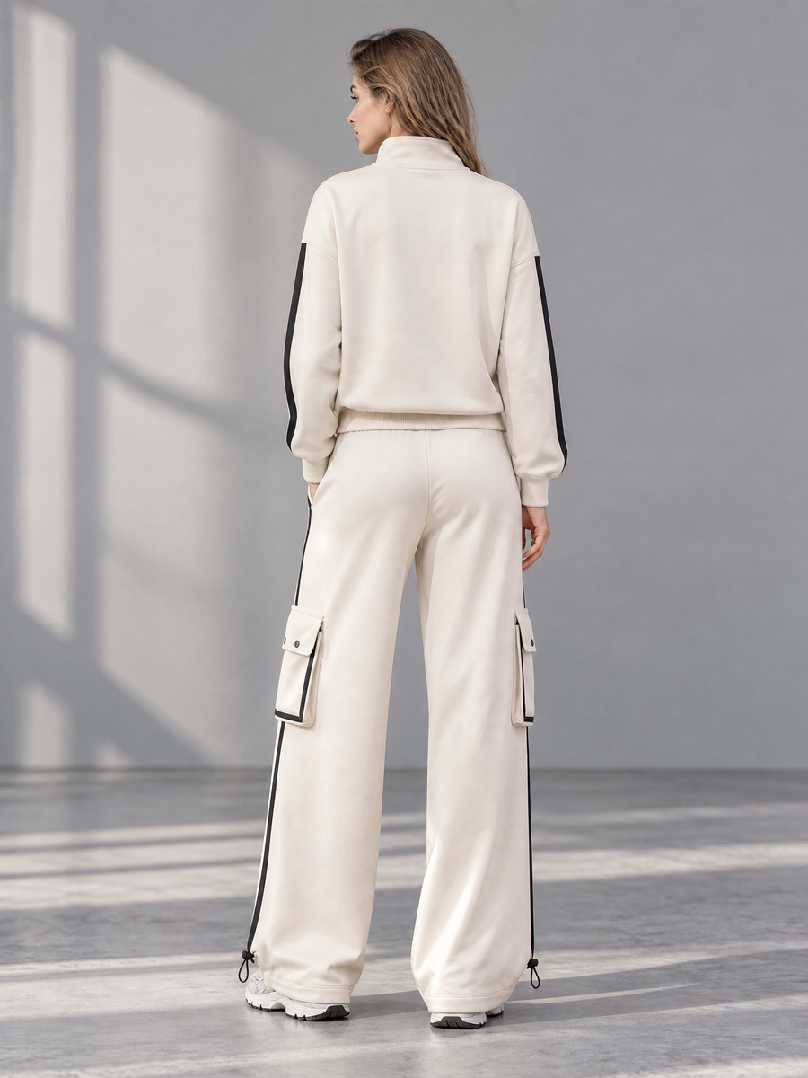 Casual-chic White Half-zip Long-sleeve Top And Utility-style Wide-leg Pants Set