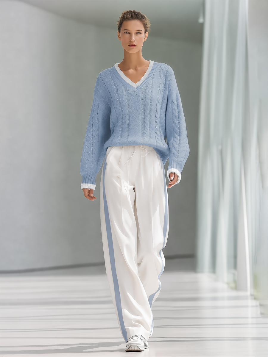 Pink V‑Neck Cable Knit Sweater & Side Stripe Wide‑Leg Pants Set