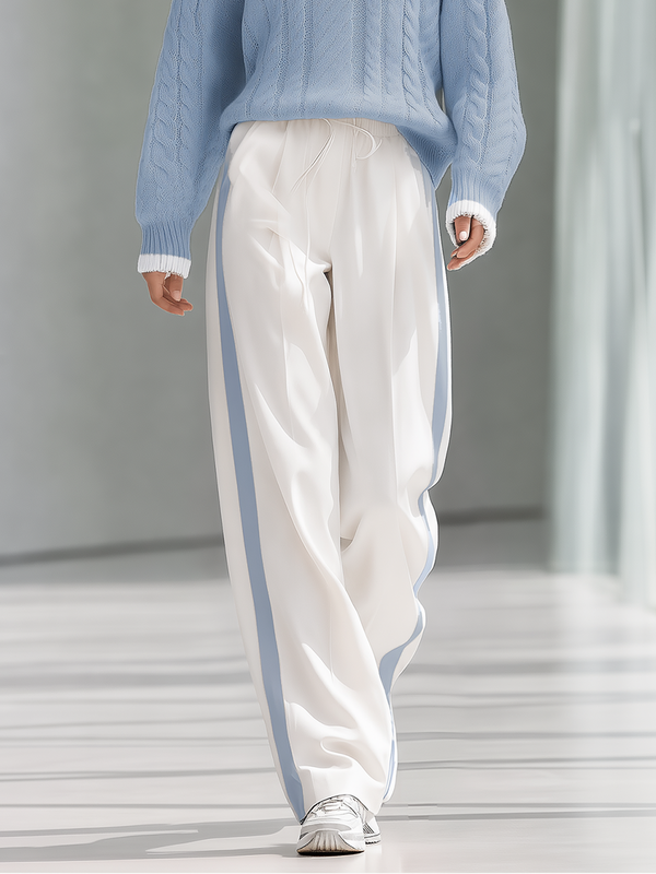 Stylish And Versatile White Wide-leg Trousers With Contrasting Side Stripes - Light Blue