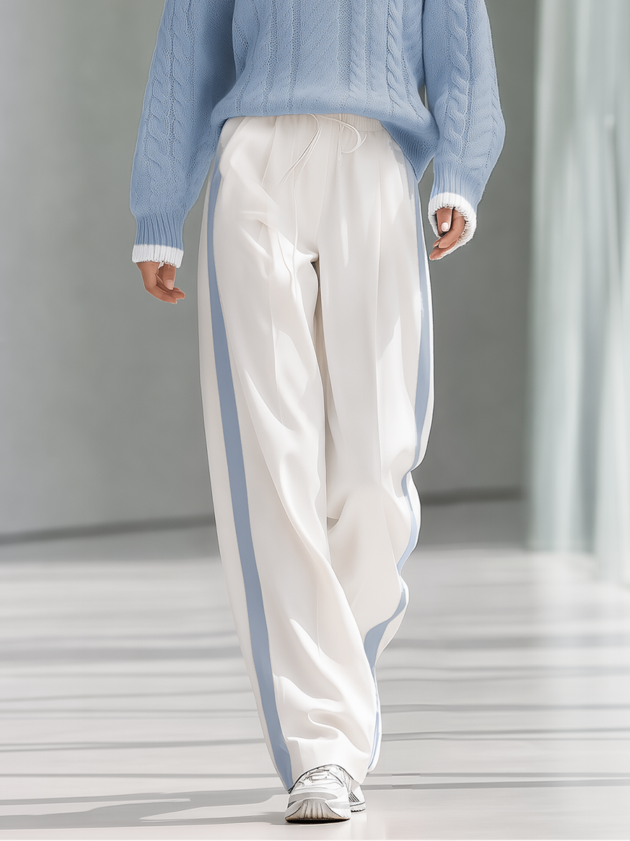 Stylish And Versatile White Wide-leg Trousers With Contrasting Side Stripes