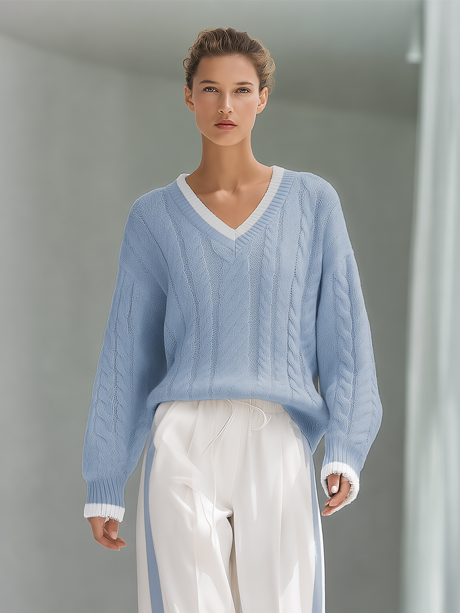 Stylish Pink Color-Block V-Neck Cable-Knit Sweater