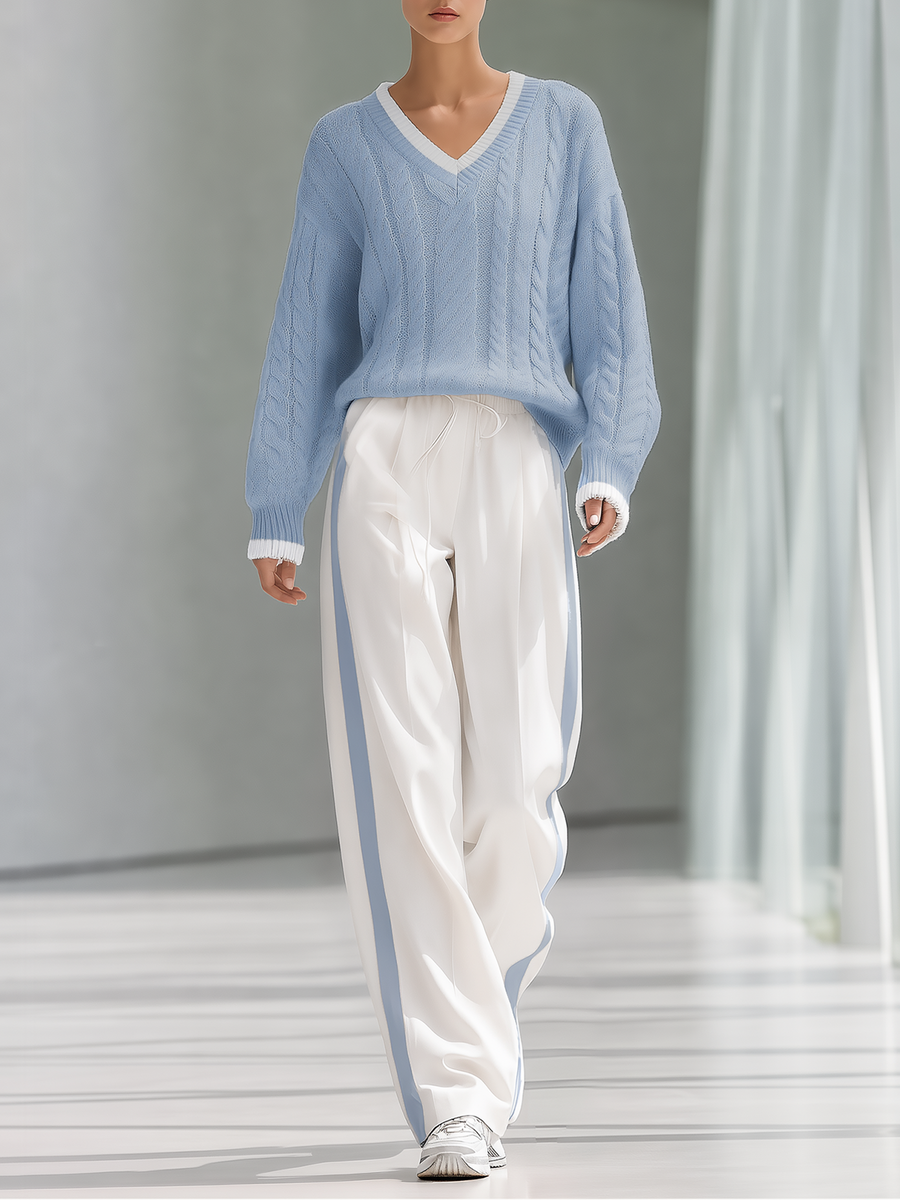 Pink V‑Neck Cable Knit Sweater & Side Stripe Wide‑Leg Pants Set