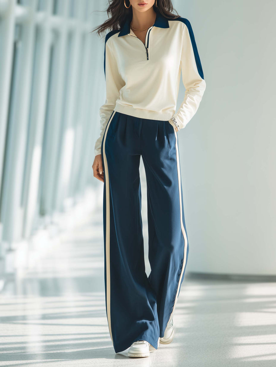 Women's Stylish Casual Outfit: White Collared Top And Dark Blue Trousers Set
