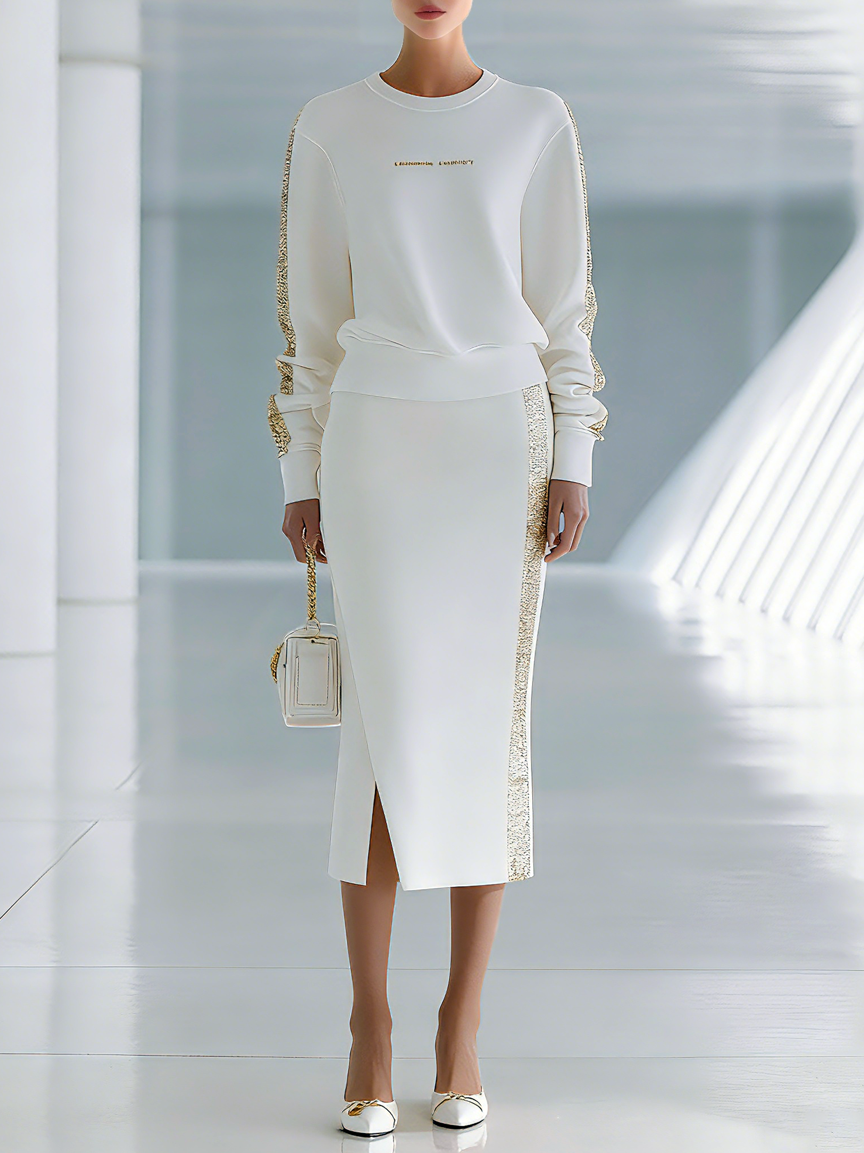 Women's Casual Embroidered And Sequined Sweatshirt And Slit Skirt Set