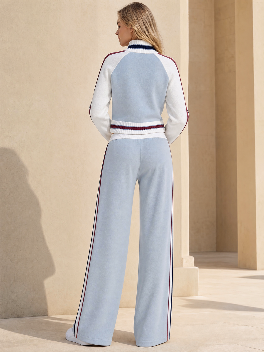 Chic Workwear-Style Light Blue Color-Block Long-Sleeve Sweater And Wide-Leg Pants Set
