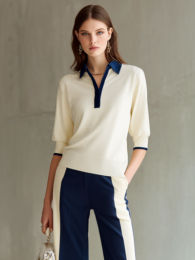 Women's Off-white Polo Neck Short-sleeved Knitted Top With Half-button Closure