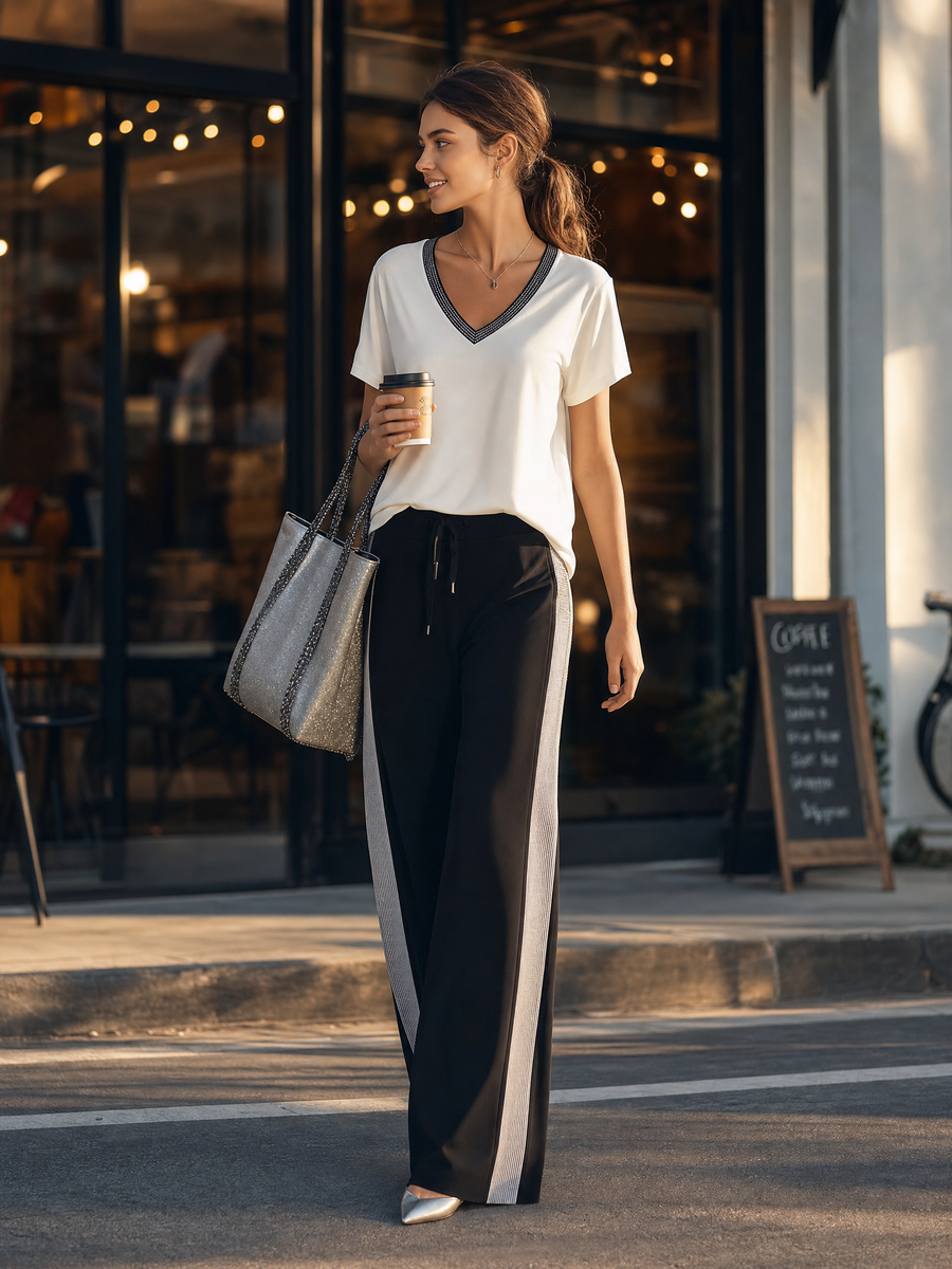 Women's White V-neck T-shirt And Black Wide-leg Pants With Silver Trim Set