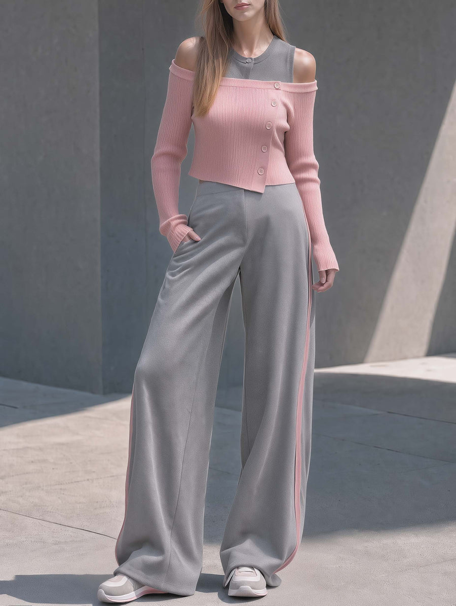 Pink And Grey Color-block "faux-layered" Off-shoulder Long-sleeve Top And Wide-leg Trousers Set