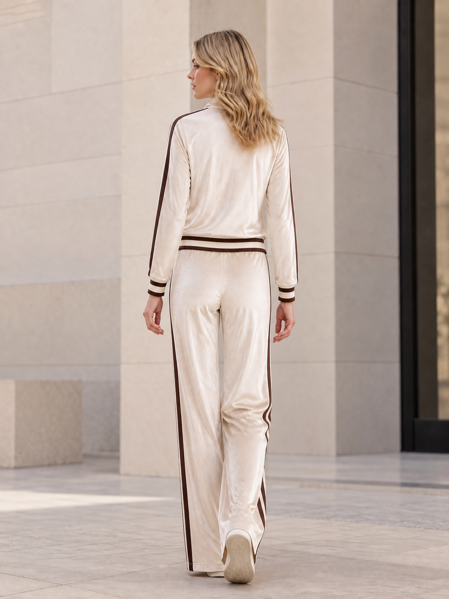 Velvet Zip-Up Jacket With Stand Collar And Flared Trousers Set