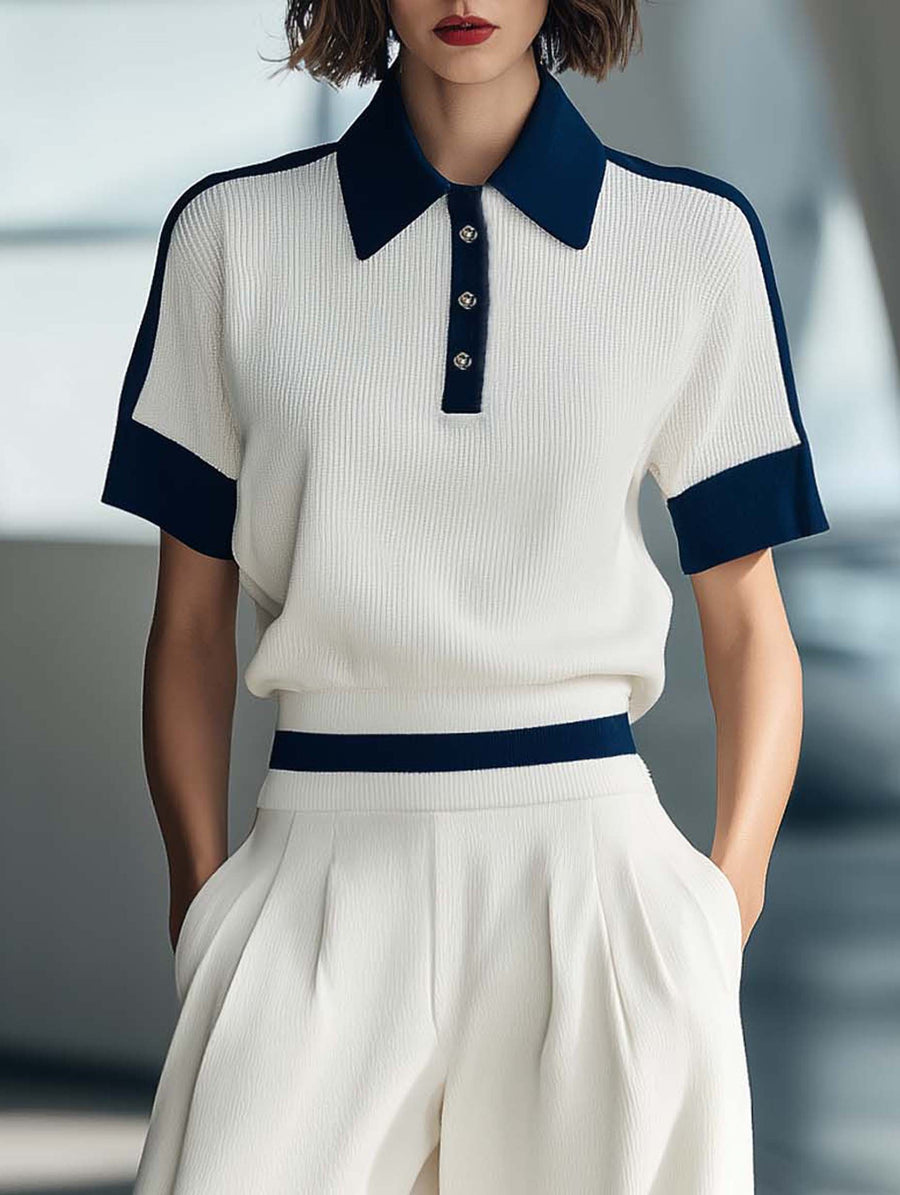 Women's Stylish And Comfortable Short-sleeved Top In White And Navy Blue Color Block Design