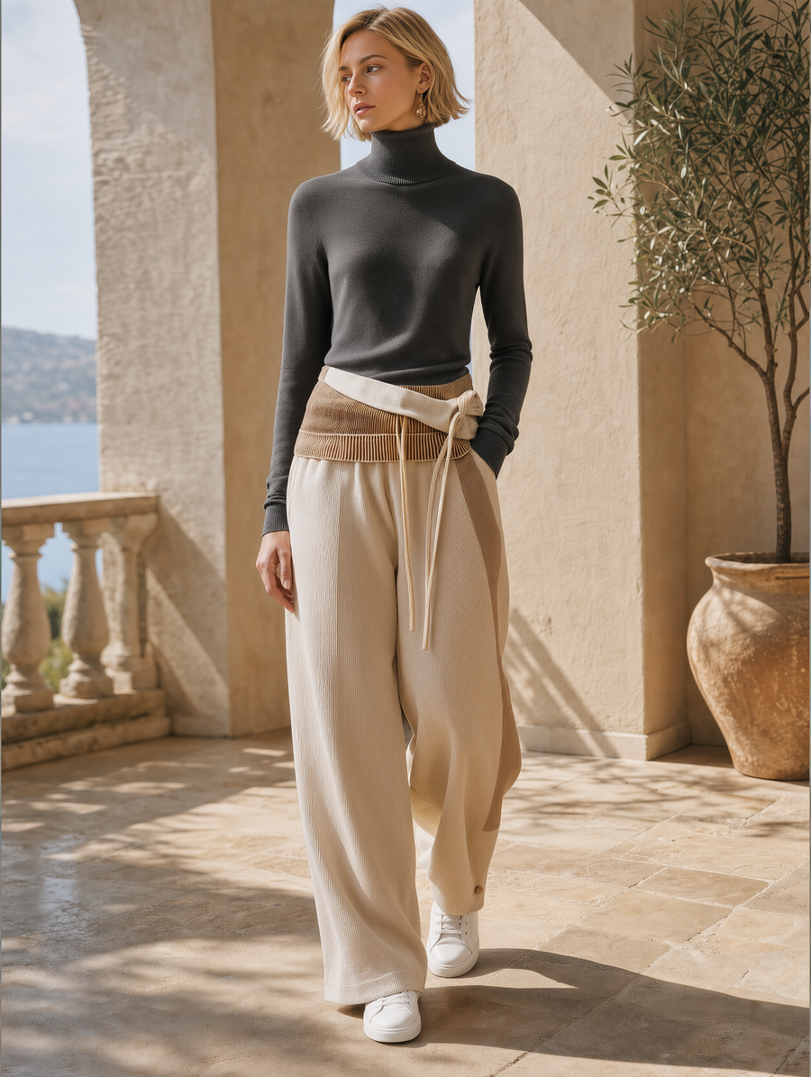 Charcoal Turtleneck & Cream Wrap-Tie Wide-Leg Pants Set
