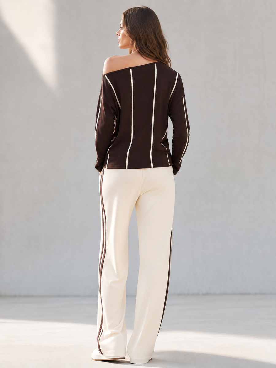 Brown Off-the-shoulder Long-sleeve Top And Off-white Trousers Set