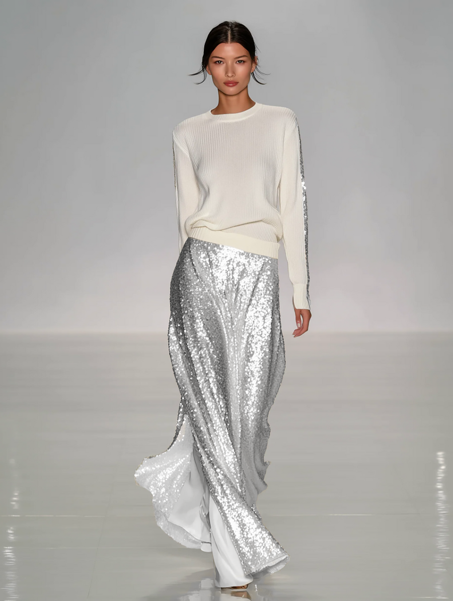 Women's Fashionable Casual Round Neck Knitted Top With Sequined Long Skirt Suit