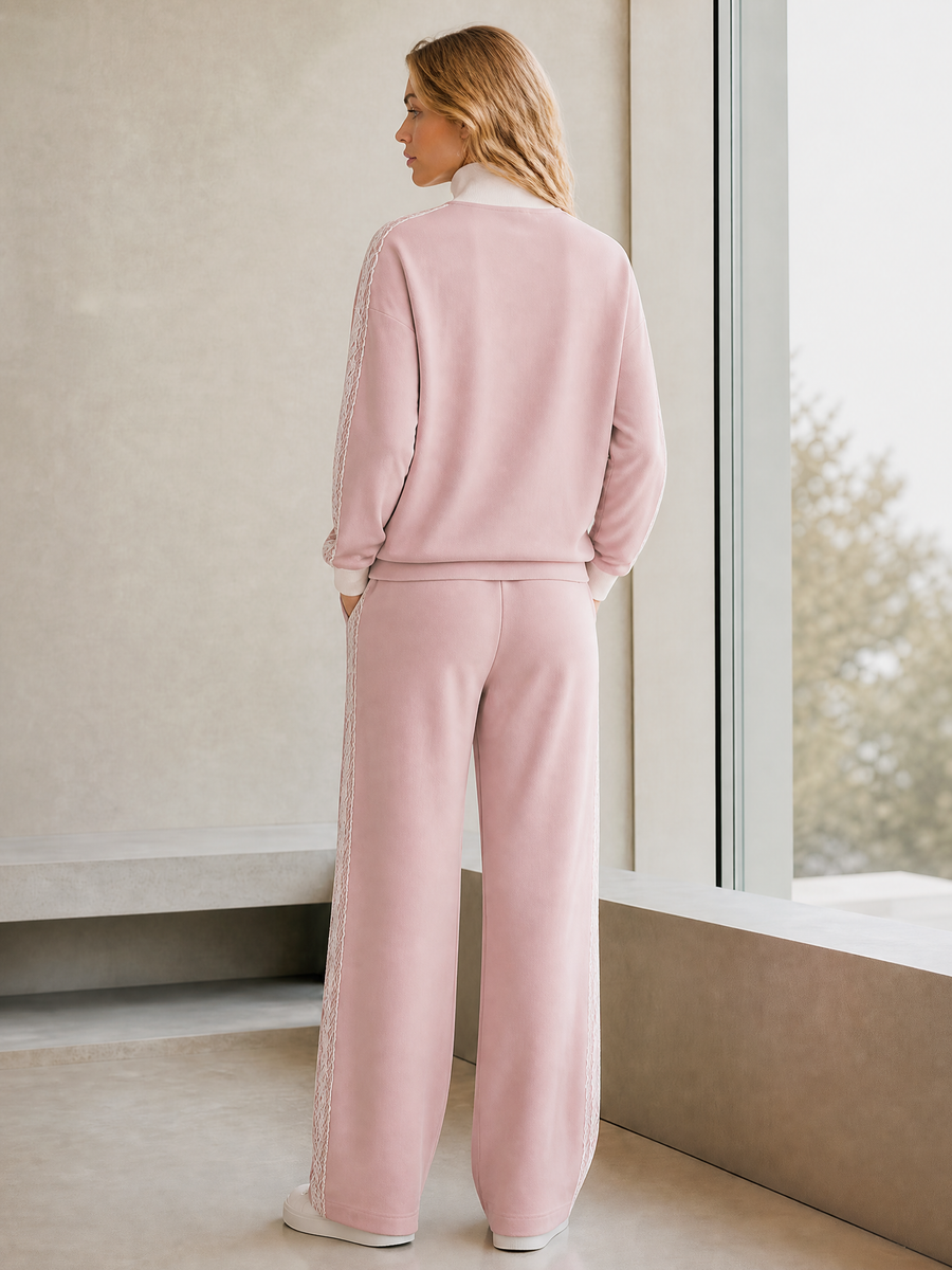Dusty Pink Color-block Lace-panel Top With Half-zip Stand Collar And Matching Trousers Set.