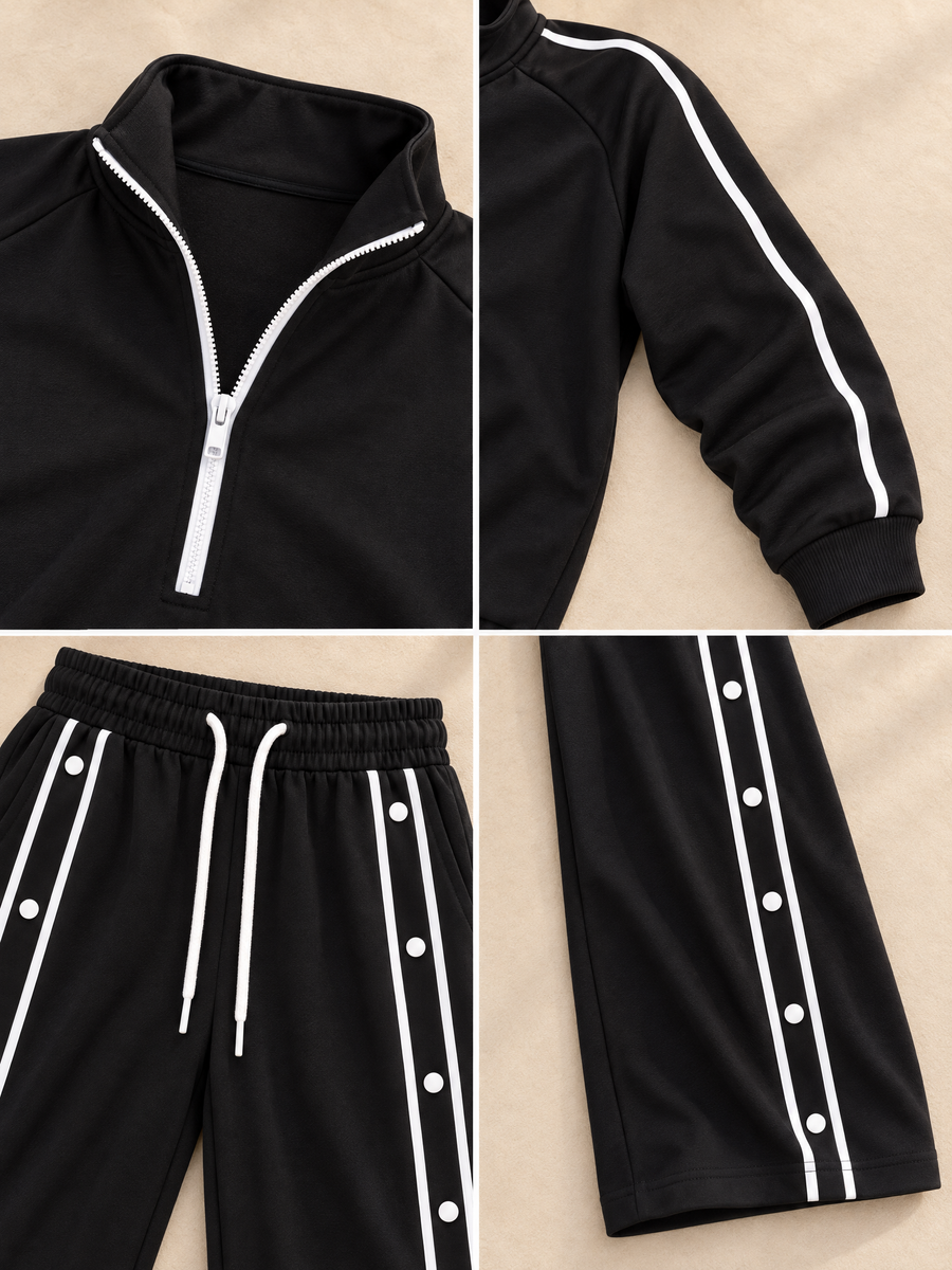 Stylish Black Color-block Long-sleeve Half-zip Top And Trousers Set