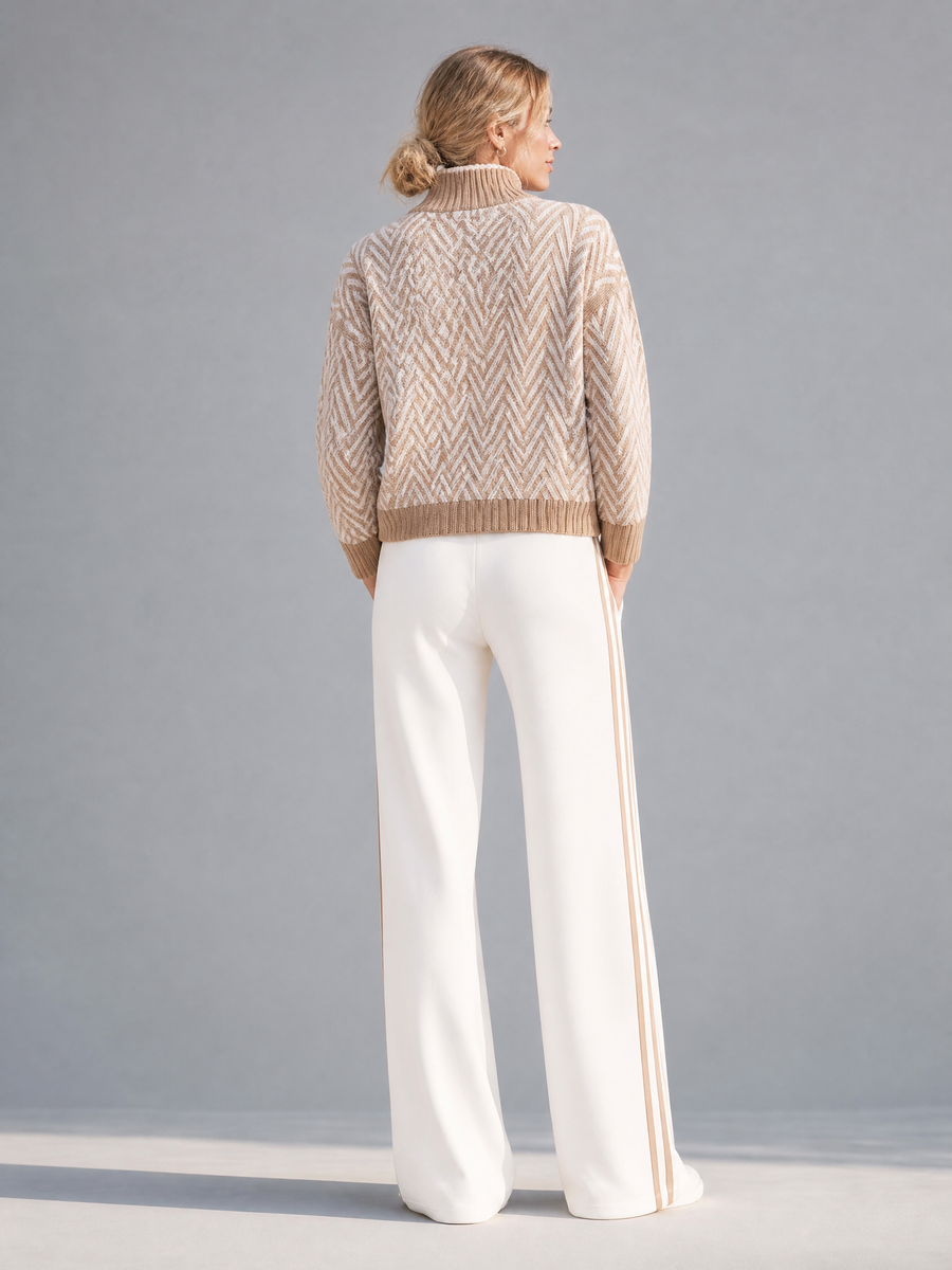 Stylish Casual Khaki Long-sleeve Half-zip Sweater And White Trousers Set