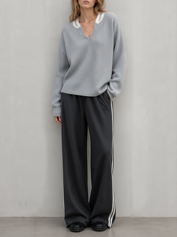 Grey V-neck Loose-fit Sweater With Contrasting Details And Side-stripe Wide-leg Pants Set