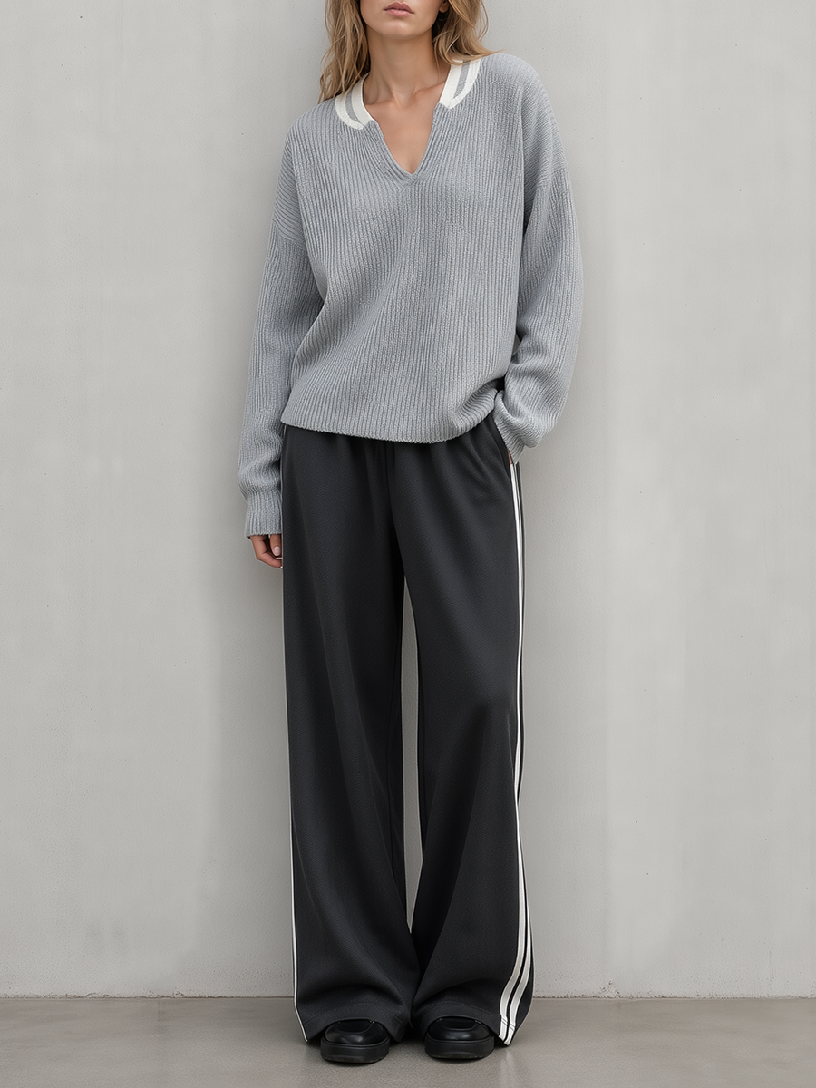 Grey V-neck Loose-fit Sweater With Contrasting Details And Side-stripe Wide-leg Pants Set