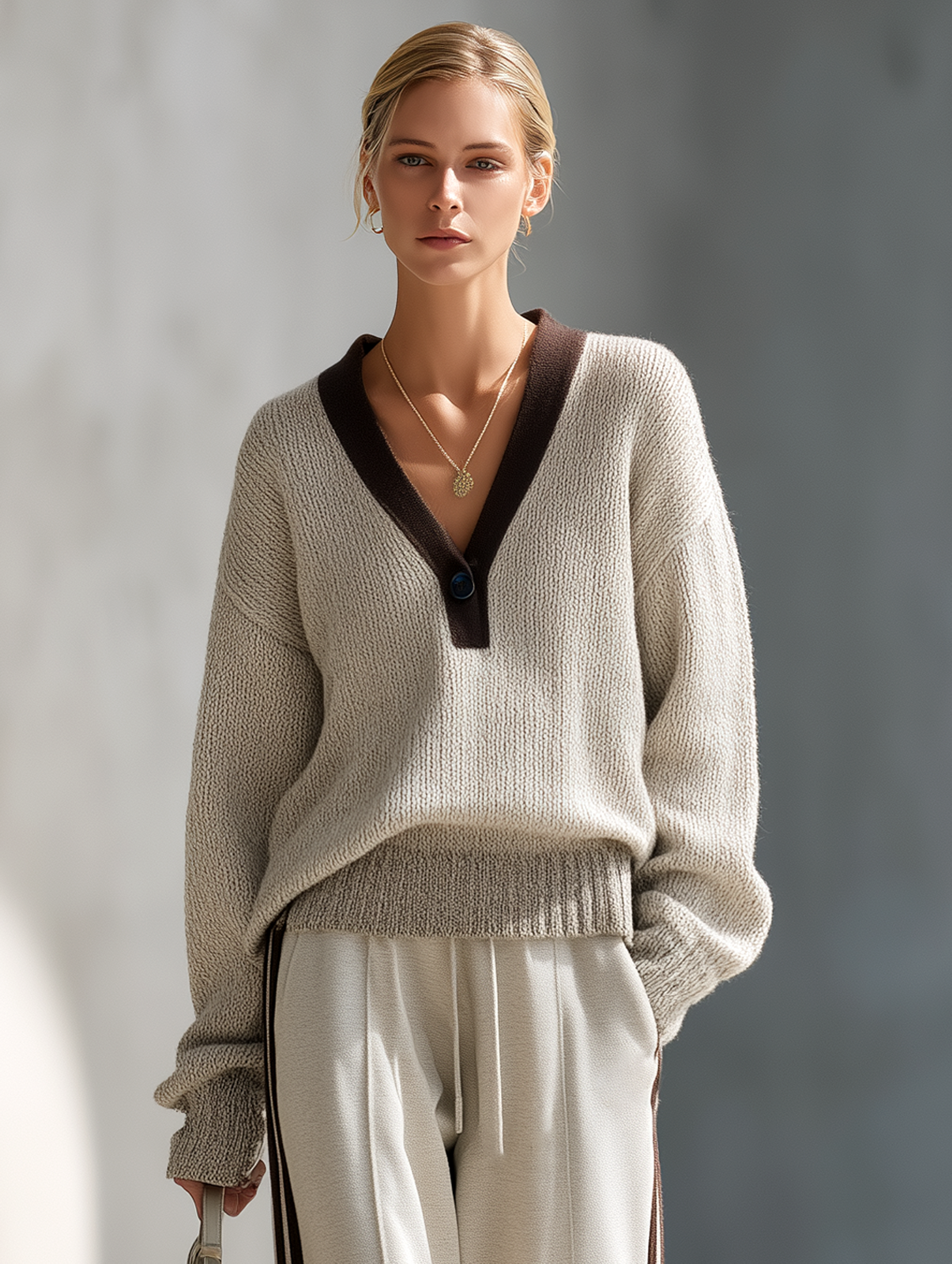 Women's Light Gray And Coffee-colored V-neck Loose, Relaxed-fit Knitted Sweater