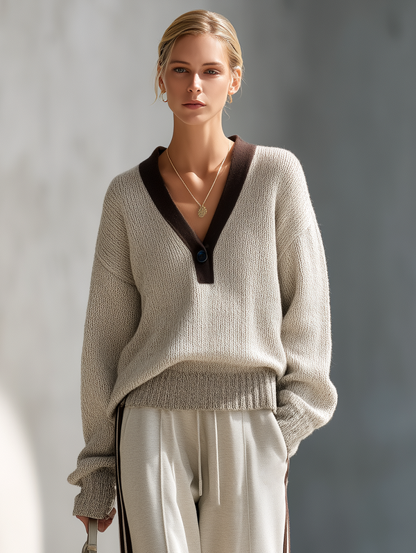 Women's Light Gray And Coffee-colored V-neck Loose, Relaxed-fit Knitted Sweater