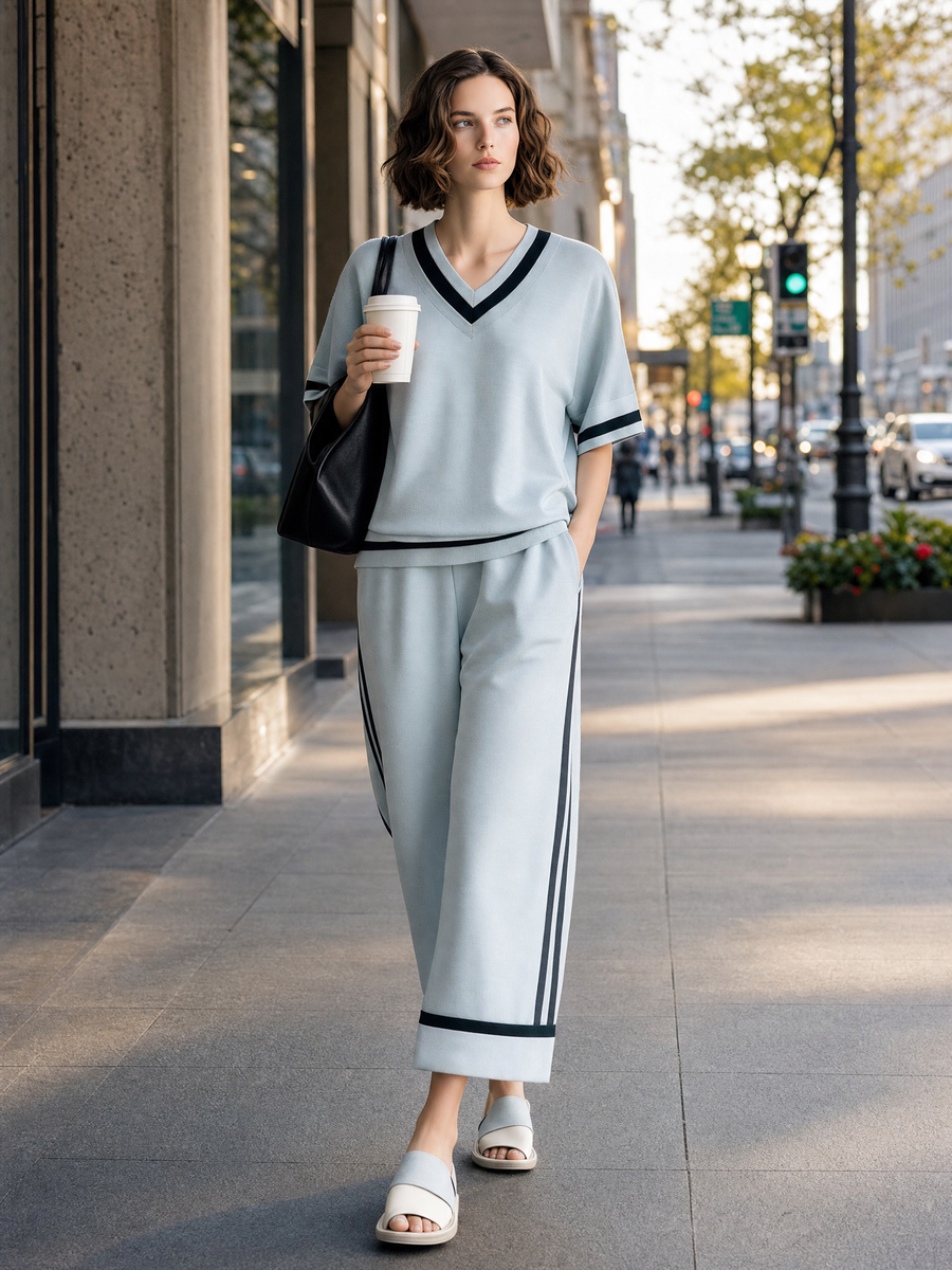 Relaxed-Fit Light Gray-Blue Short-Sleeve T-Shirt & Cropped Wide-Leg Pants Set