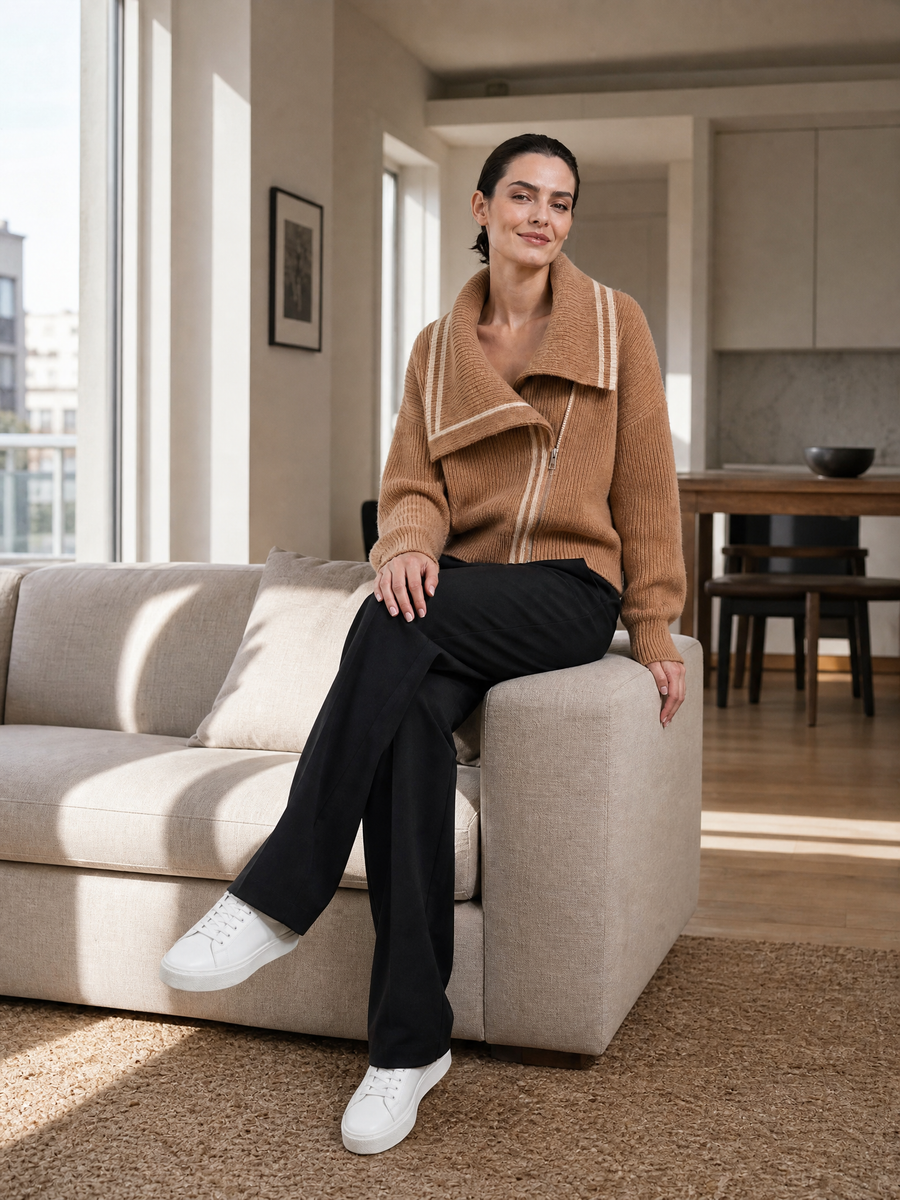 Camel Asymmetric-Zip Wide-Collar Ribbed Knit Cardigan Jacket