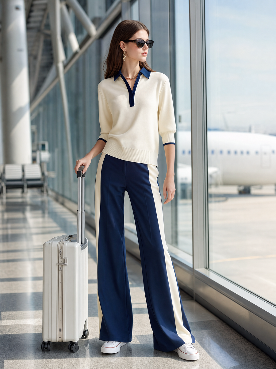 Women's Off-white Polo Neck Knitted Top And Contrasting Wide-leg Pants Set